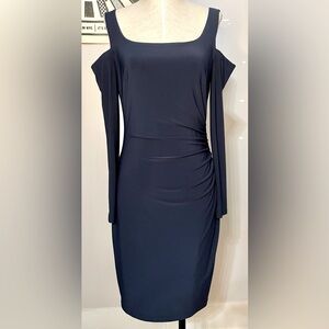 Lauren Ralph Lauren Cold Shoulder Fitted Navy Long Sleeve Midi Dress Size 6